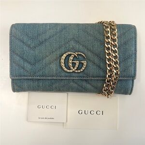 Authentic GUCCI GG Marmont Wallet Quilted Denim WOC On Chain